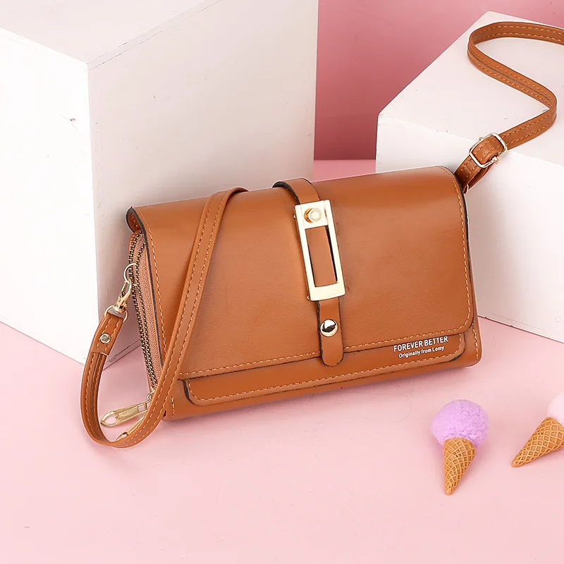 

New Korean Small Bag Horizontal Style Solid Color Fashion Mobile Phone Bag Double Zipper Versatile Messenger Bag Single Shoulder