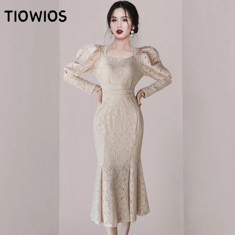 

TIOWIOS 2022 Spring New High-end Temperament Slim Tie Waist Lace Fishtail Fashion Dress Women