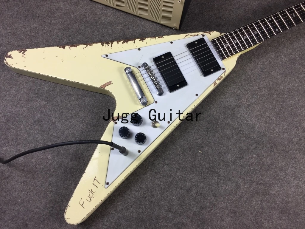 

1976 James Hetfield Metalli Kill EM All Fuk White Cream Heavy Relic Flying V Electric Guitar, China EMG Pickups, Aged Hardware