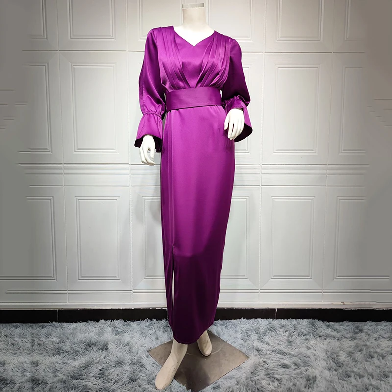 Women Long Satin Tunic Dress 2022 For Muslims Solid Abaya With Belt Middle East Dubai Ramadan Arabic Luxurious Evening Dresses