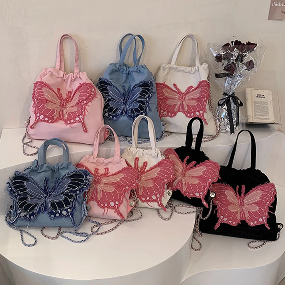 Fashion Denim Women Backpacks Butterfly Designer Backpack Canvas Book Bags for Women 2023 Chains Handbags Drawstring Bags Clutch