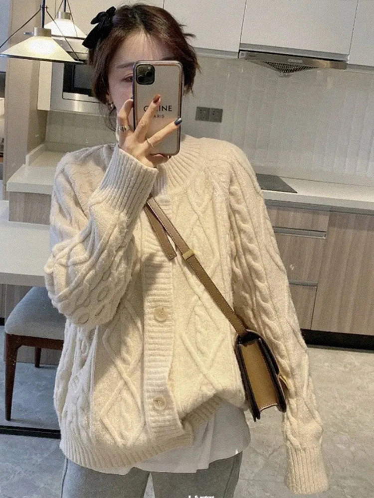 

Однотонный кардиган с высоким воротником, женский осенне-зимний плотный теплый свитер в Корейском стиле, пальто, повседневные свободные ку...
