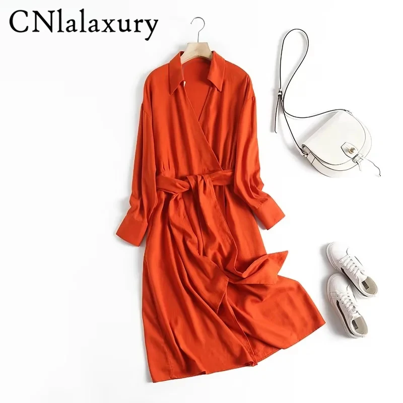 

CNlalaxury 2022 Spring Autumn New Woman Linen Blend Dress Long Sleeves Belt Dresses Office Lady Commute Vintage Vestidos Mujer