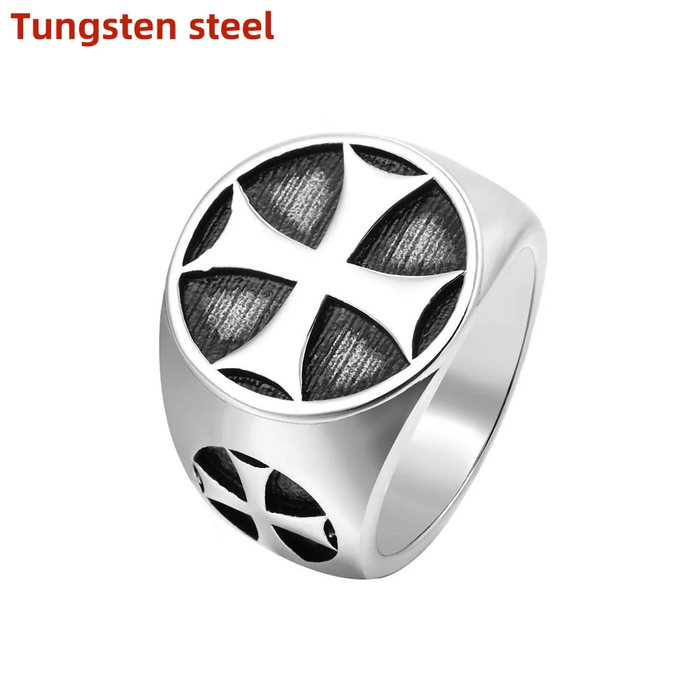 

New Male Iron Knight Templar Cross Silver Band Tungsten steel ring Retro Mason jeweled ring for men