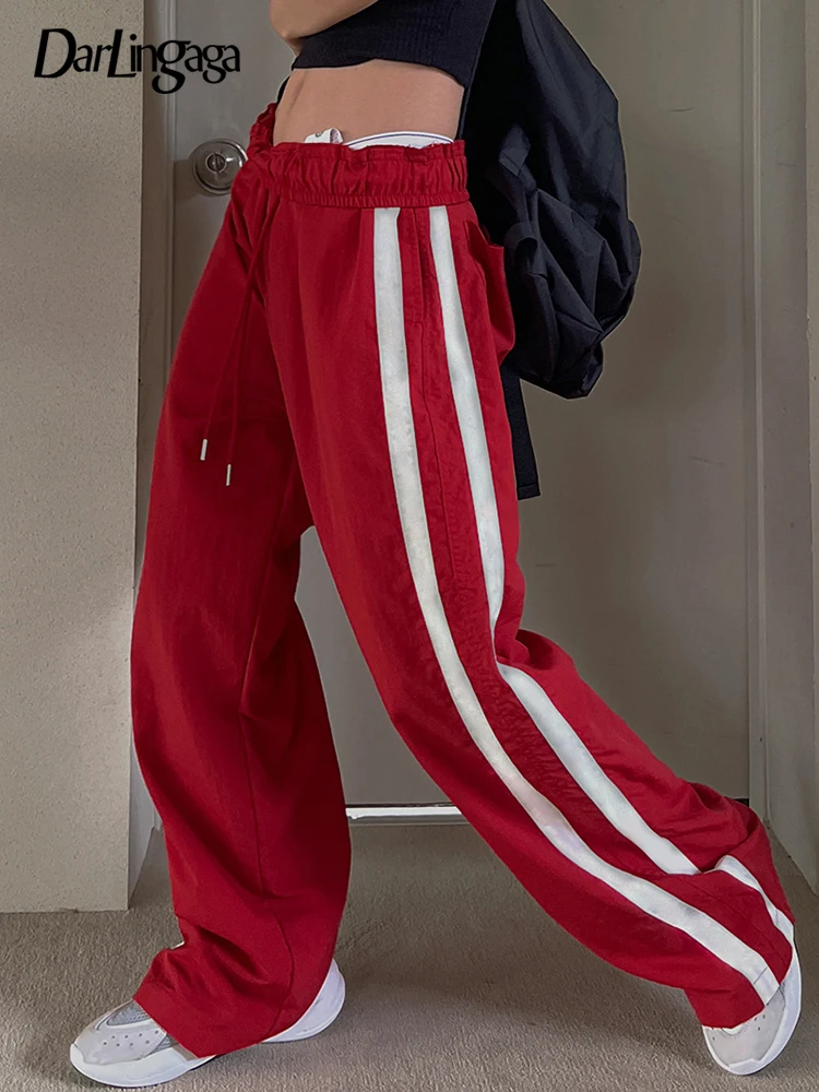 

Darlingaga Harajuku Stripe Patchwork Elastic Waist Sporty Sweatpants Baggy Trousers Casual Jogging Tech Basic Women Pants Bottom
