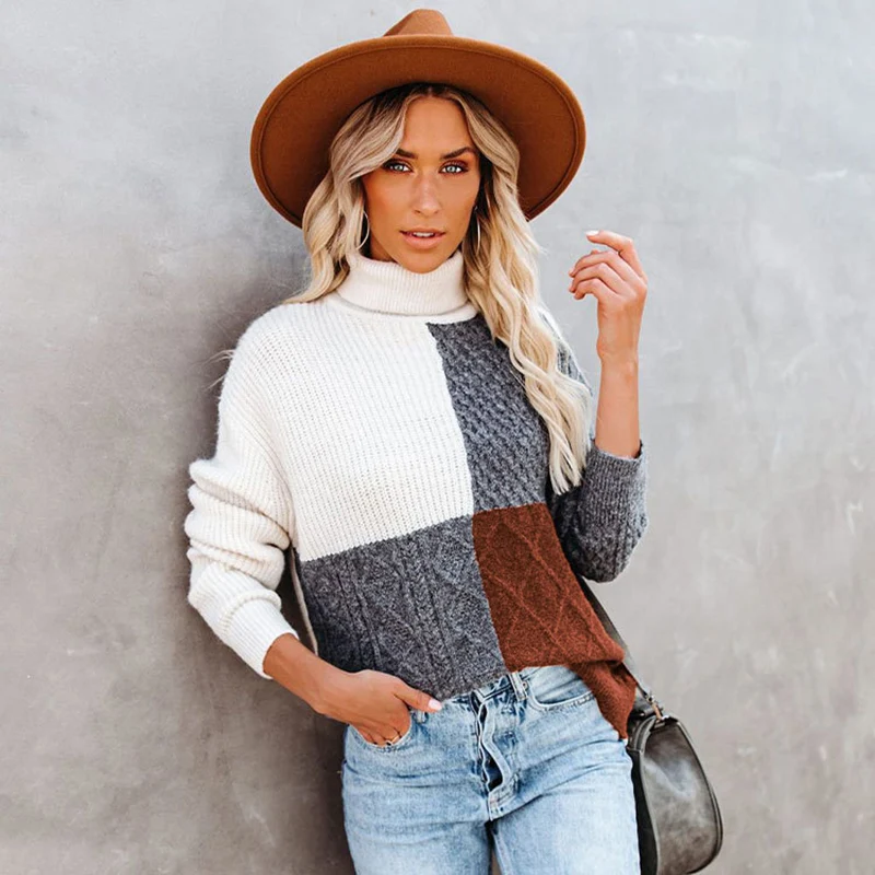 

Autumn Sweaters for Women 2022 Color Patchwork Turtleneck Casual Loose Fashion Warm Winter Knitting Female Pullovers C3963