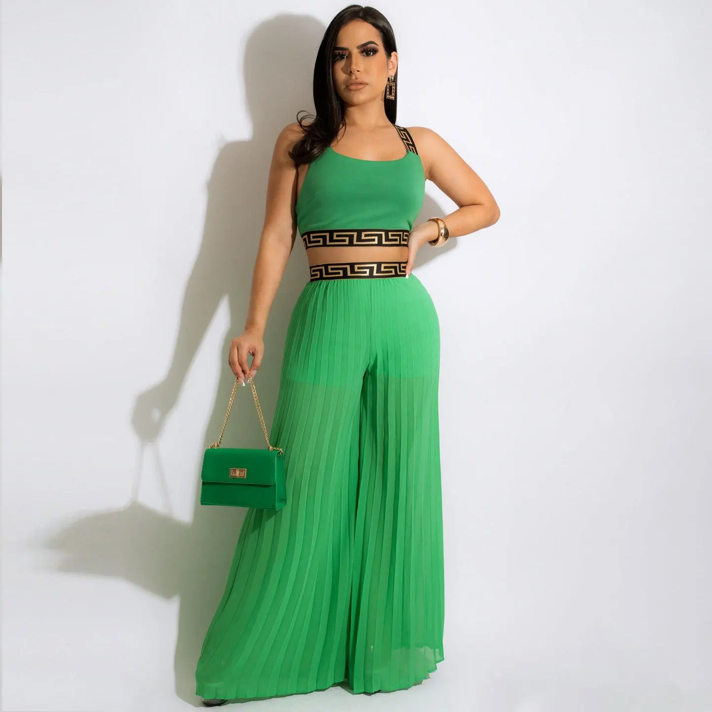 

Sexy Halter Print Two Piece Set Women Summer Suit Active Tracksuit CasualBandage Crop Top Outfit Chiffon Wide Leg Flare Pants