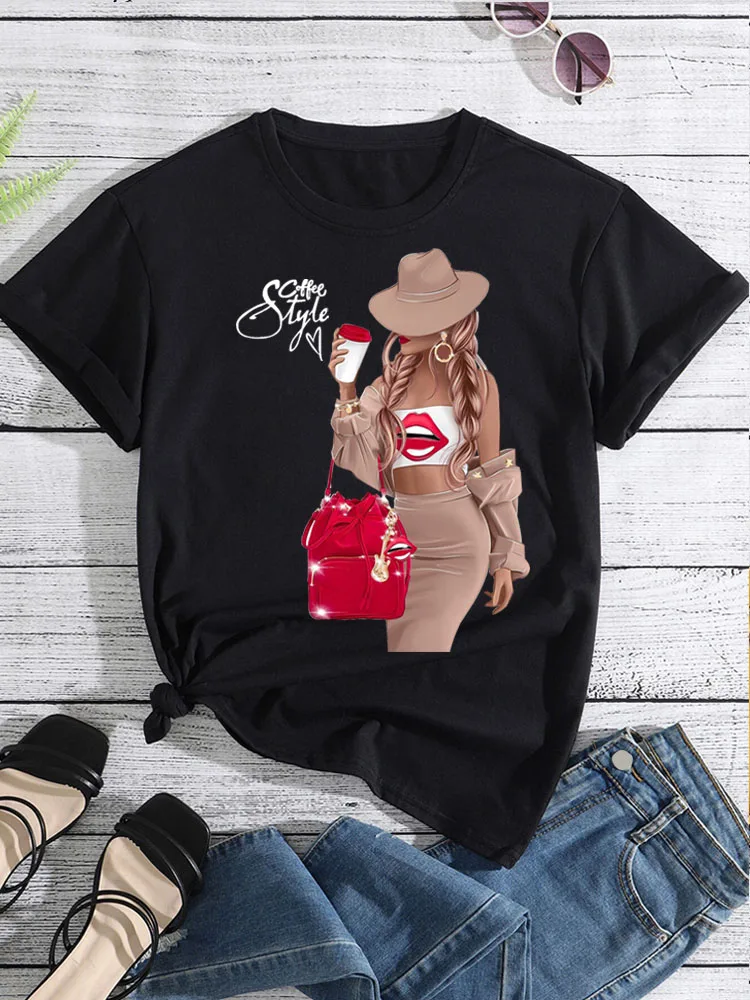 

COffee Lover T Shirt Women Fashion T-Shirt Coffee with Red Lips Print Female Short Sleeve Graphic Top Tee Shirt Clothes girl