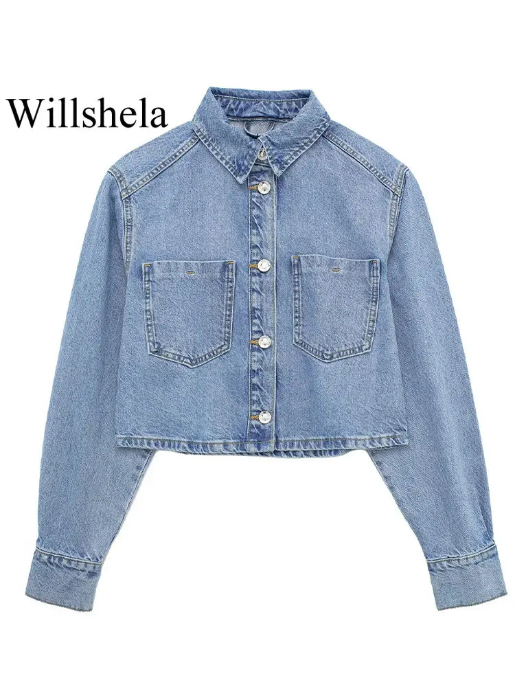 

Willshela Женская мода с карманами джинсовая синяя однобортная куртка пальто винтажные с длинными рукавами с отворотом женские шикарные наряды