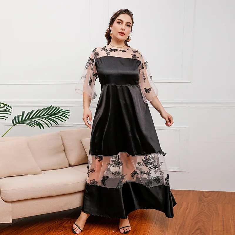 

Plus Size 5XL for Women Dress Elegant puff sleeve O-Neck polyester Clothing 2023 Lace yarn Cocktail Evening Party Dresses