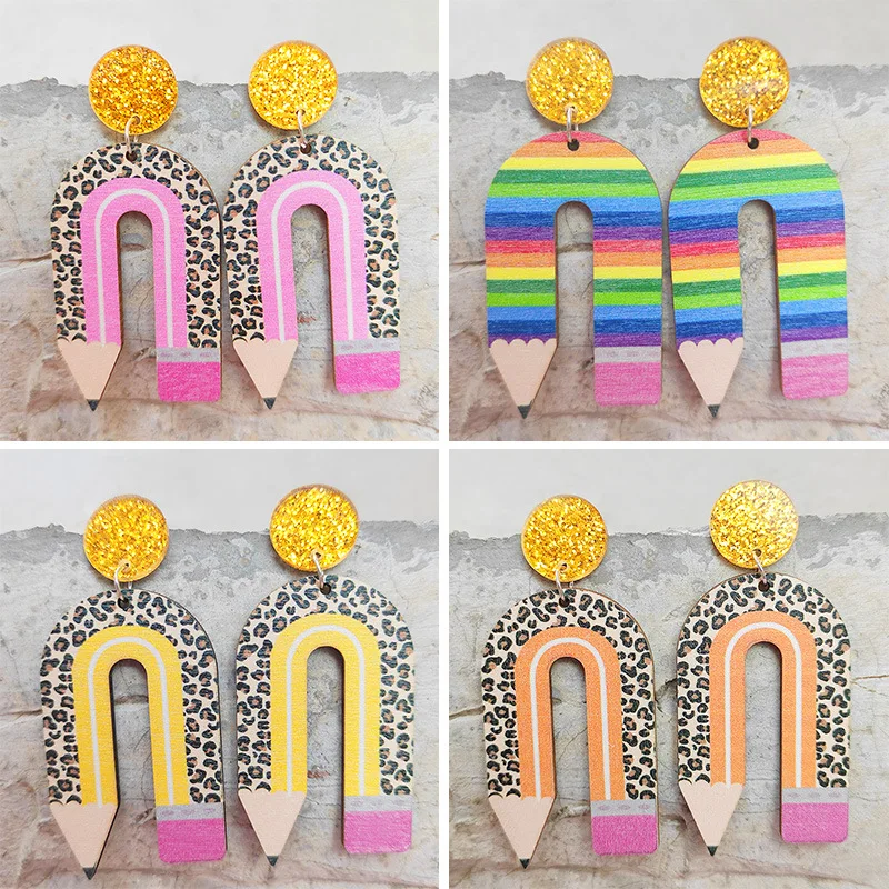 

Rainbow Leopard Print Pencil Earrings Glitter Powder U-shaped Color Blocking Wooden Teacher Earrings Graduation Gift