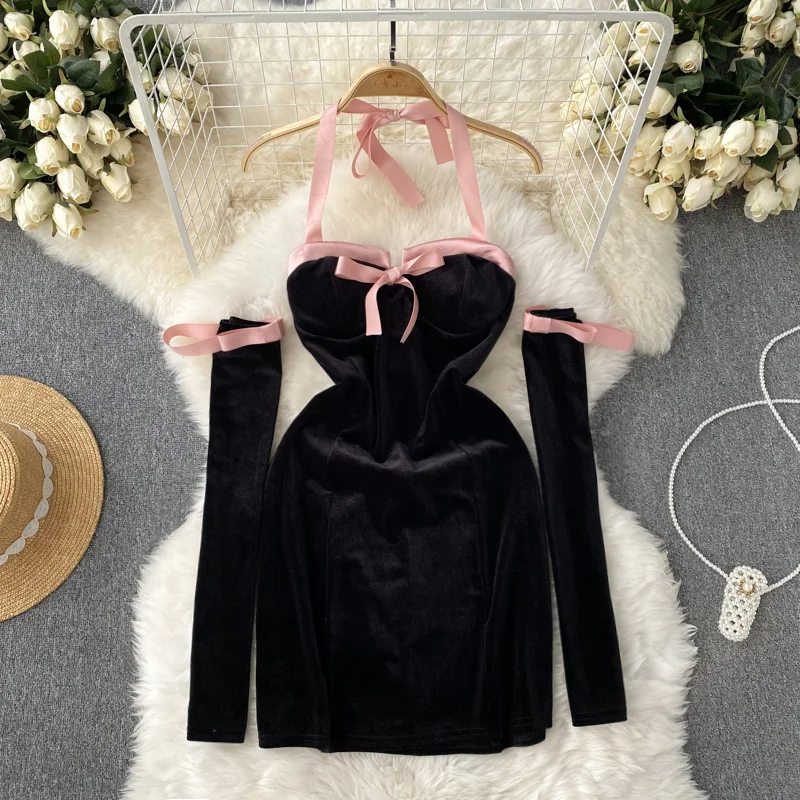 

French Vinage Velvet Dress Women Oversleeve Slim 2022 Temperamant Halter Sheath Black Short Dresses