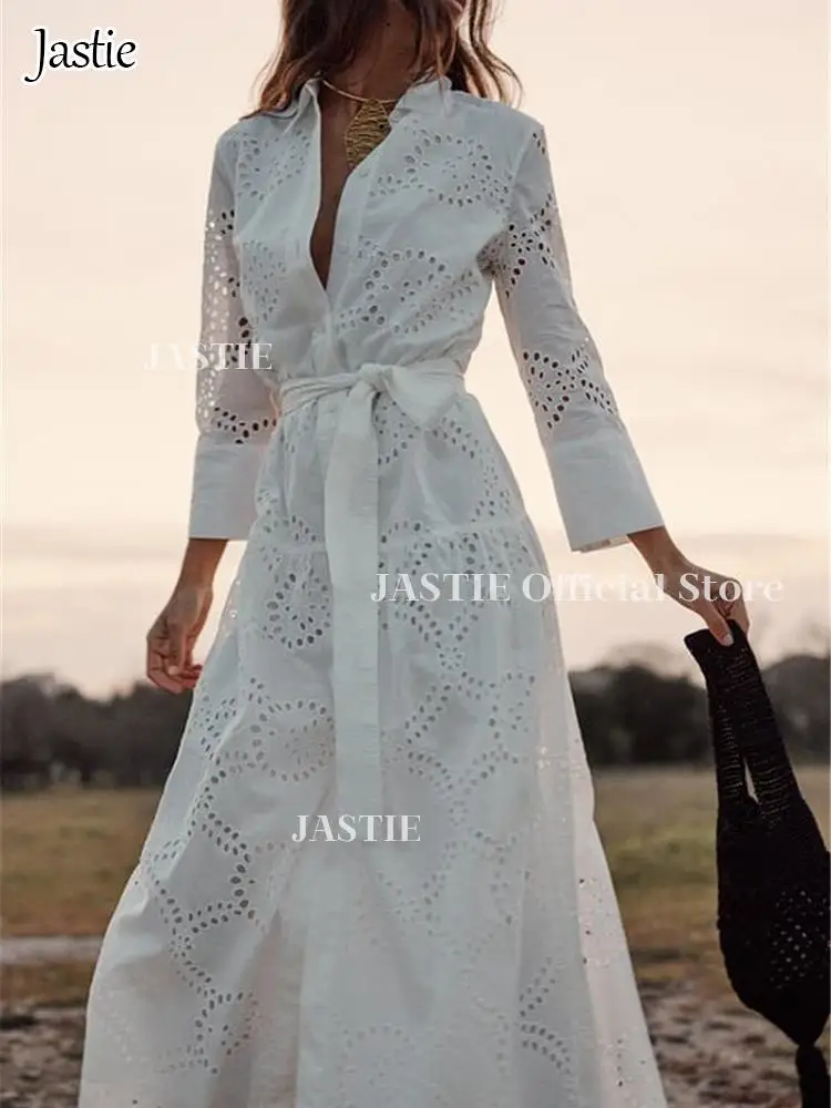 

Jastie 2023 Women's Summer Embroidered Dress New Hollow Out Beach Style Dress Long Solid Lapel Single Breasted With Belt Dress