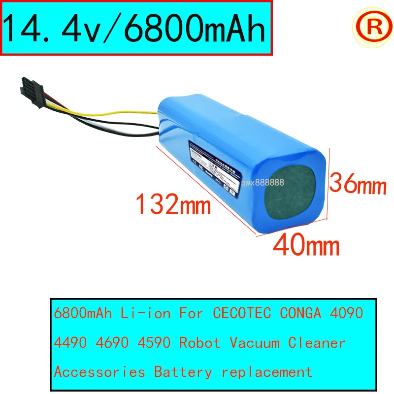 

New 5600mAh/6800mAh Li-ion Battery for CECOTEC CONGA 4090 4490 4690 4590Robot Vacuum Cleaner 14.4V 14.8V 18650 4s2p