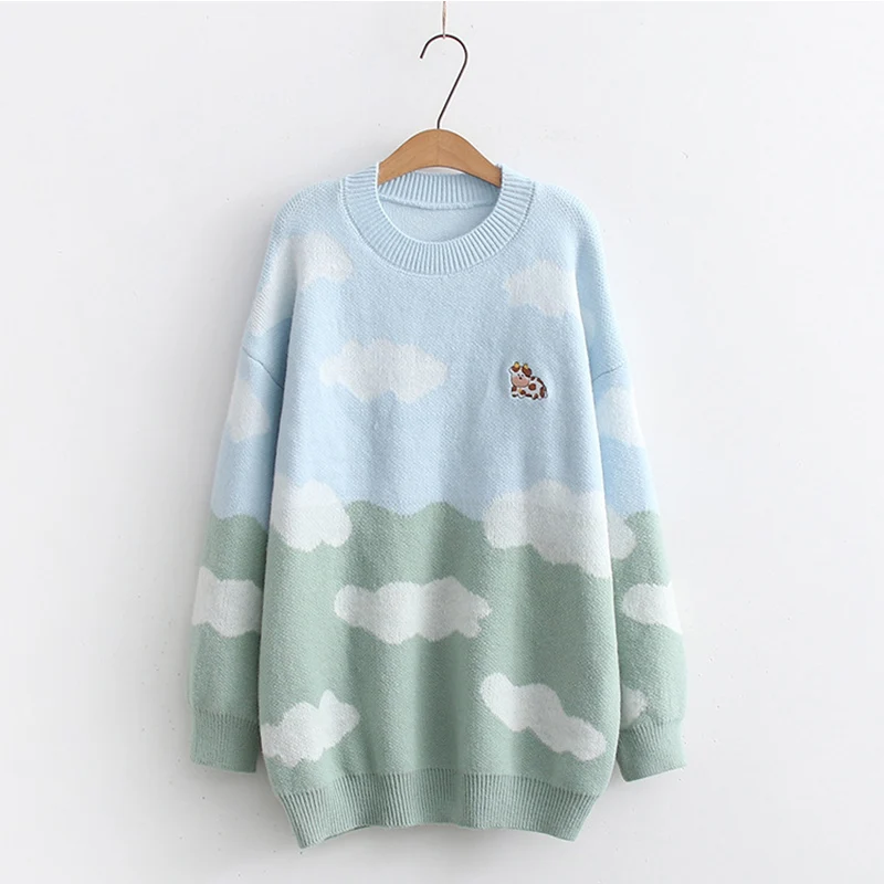 

Japanese Cartoon Cow Autumn Winters Pullovers Women Clothing Matching Thickening Soft Knitting Female Sweater U316