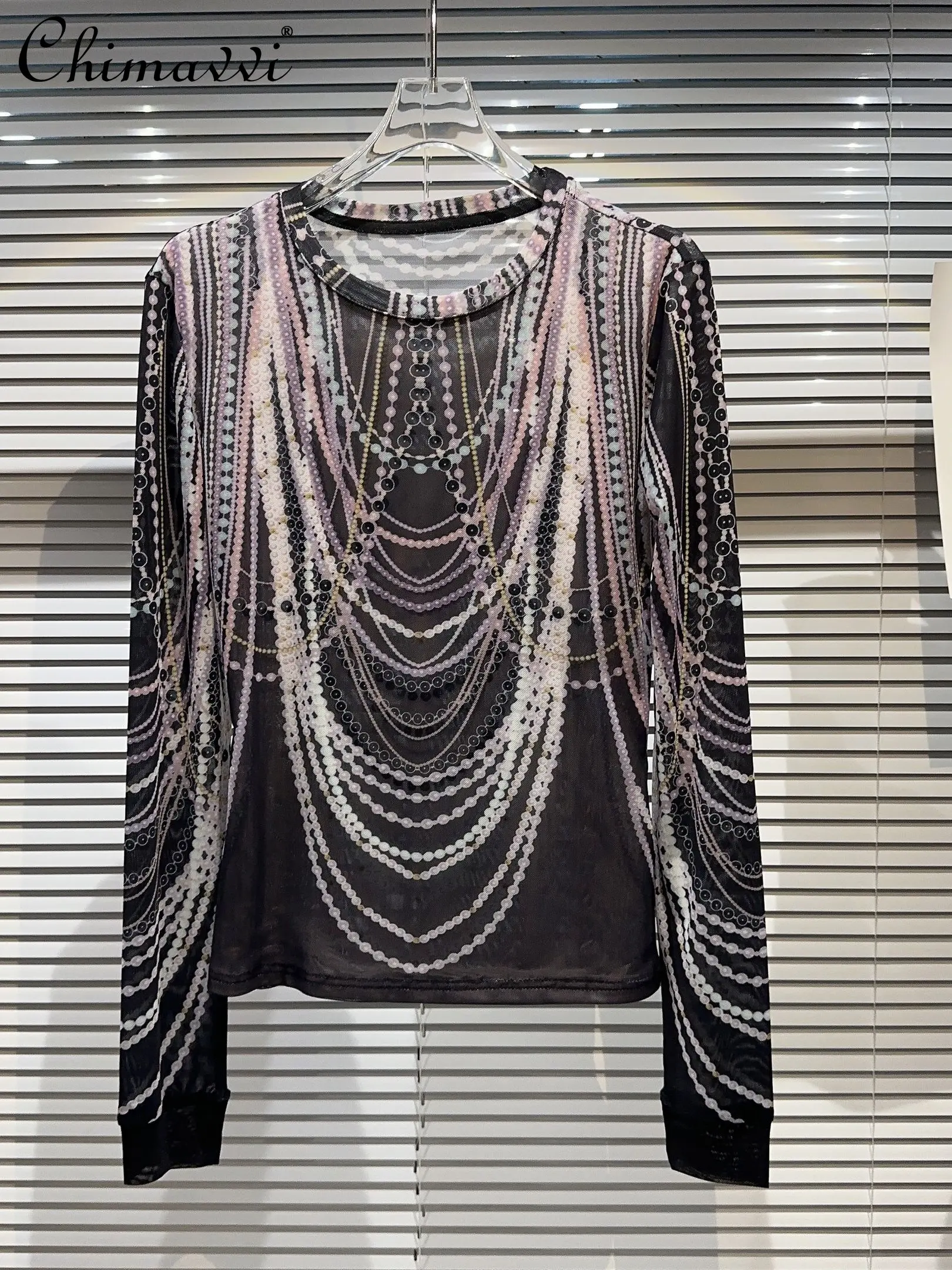 

Fashion T-shirt Female 2023 Summer New Streetwear Hot Girl Pearl Chain Printing Tie-Dye Skinny Mesh Tshirts Lady Tees Top