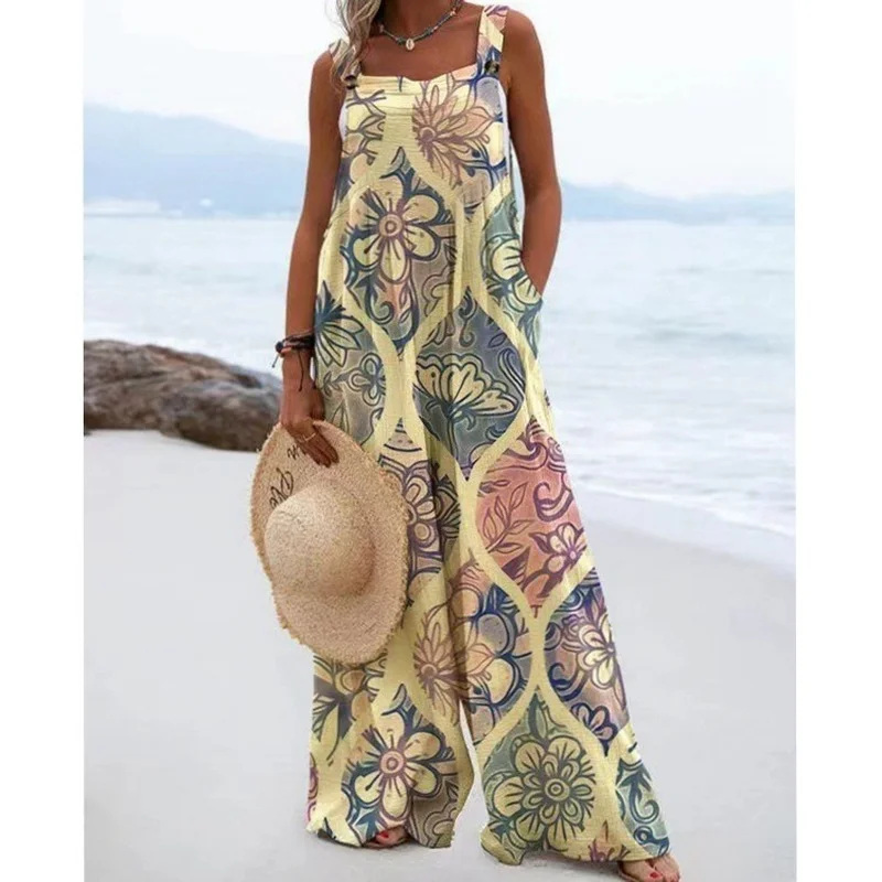 2022 Summer Women's Jumpsuit Trendy Suspenders Casual Style Loose Cotton Linen Printed Rompers Womens Jumpsuit