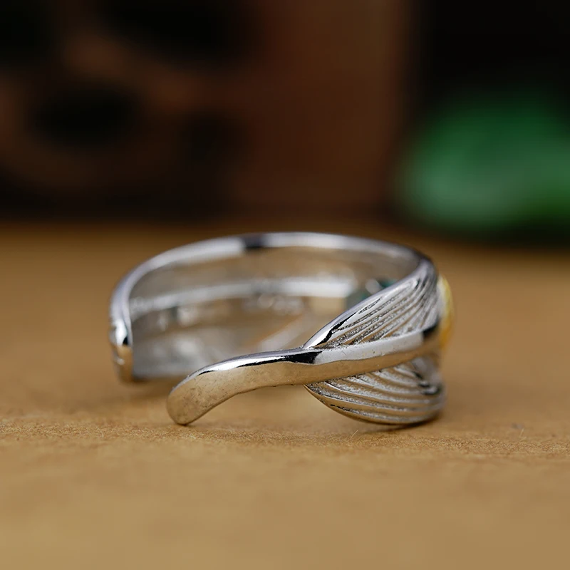 Кольцо из стерлингового серебра 925 пробы с зеленым сосновым пером натуральные