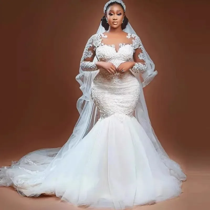 

2024 African Mermaid Wedding Dresses for Women Long Sleeve Lace Appliques Illusion Bridal Gowns Customed Robe De Mariage
