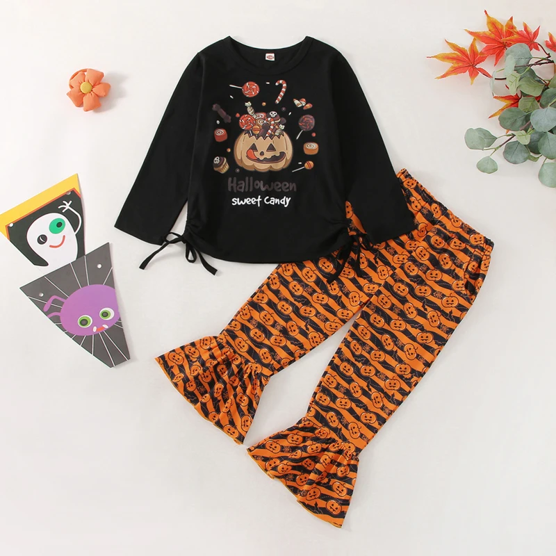 

Newest Arrival Kids Girls Halloween Pants Set Letters Print T-shirt with Pumpkin Print Flare Pants for 2-6Y