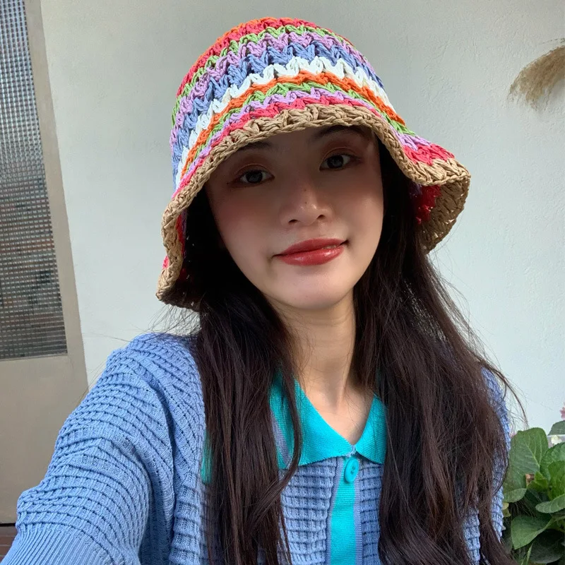 

Multicolor Woven Summer Autumn Hats for Women Retro Flat Brim Hand-made Straw Hat Ladies Outdoor Sun Protection Beach Straw Hat