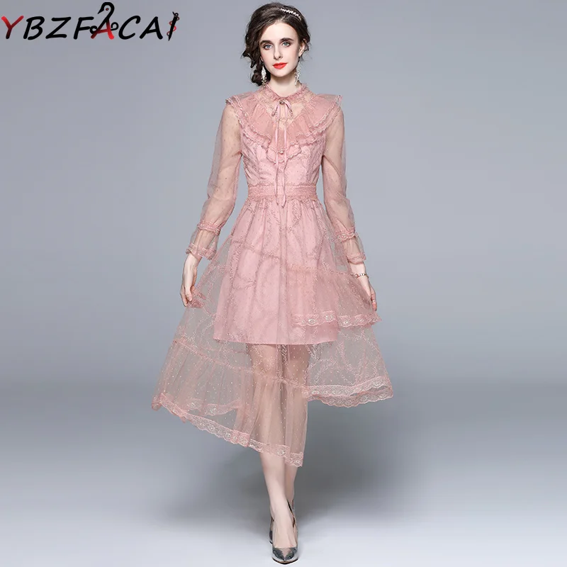 

YBZFACAI WomenElegant Pink Dress 2022 New Irregular Long Mesh Lace Dress High Quality Bow Neck Embroidered Sequin Party Dress