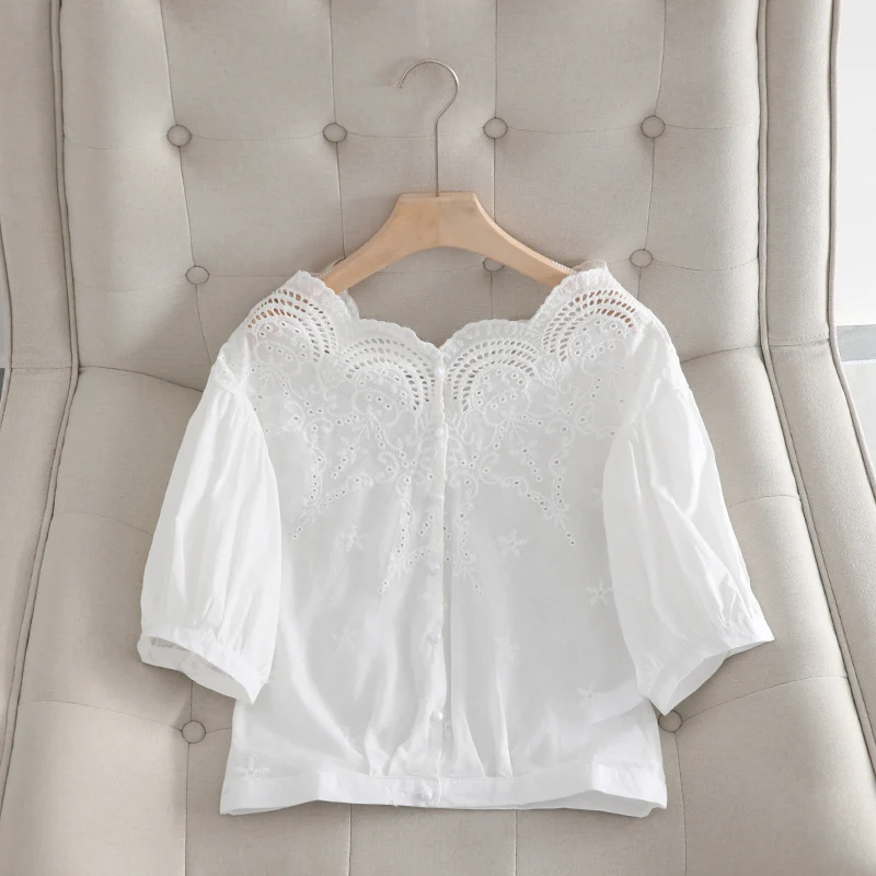 

Women Shirts Single Breasted Embroidery Floral Casual Sweet Girl Off White Blouses Short Sleeve Slash Neck Top 2022 Shirt Sexy
