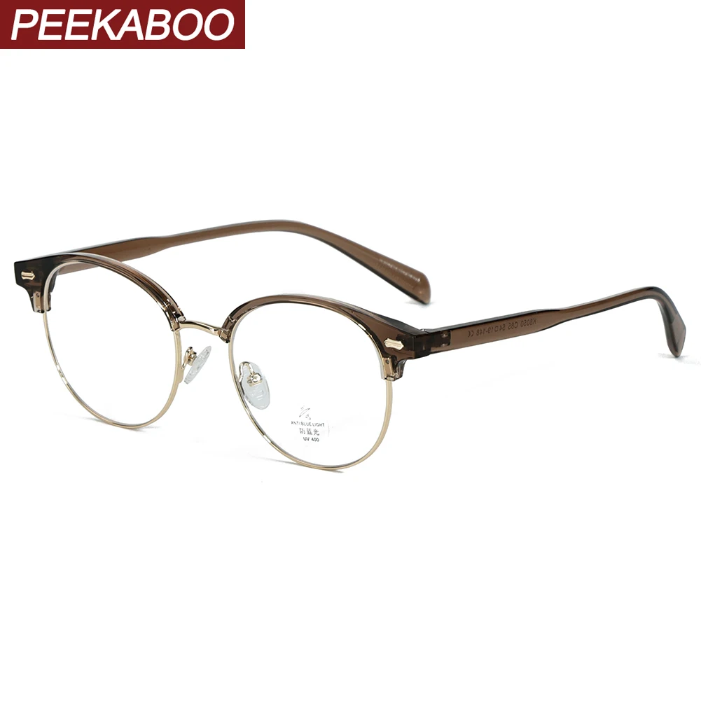

Peekaboo TR90 round eyeglasses women half metal retro female anti blue light glasses for men black transparent male hot sale