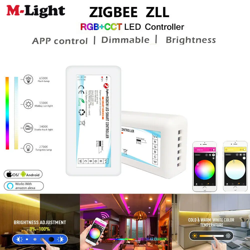 DC12V 24V Zigbee 3.0 Wireless Dimmer Controller 5050 3528 RGB/RGBW/RGBCW/CCT LED Strip Lights Smart For Tuya/SmartThings/Alexa
