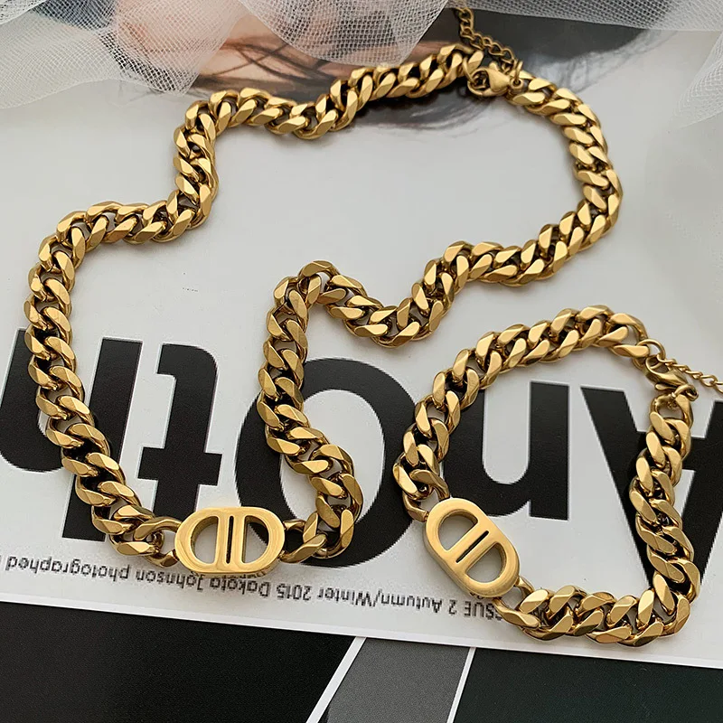 Korean Gold D Necklace for Women Girls Stainless Steel Cuban Link Chain Women 18k Gold Plated Necklace