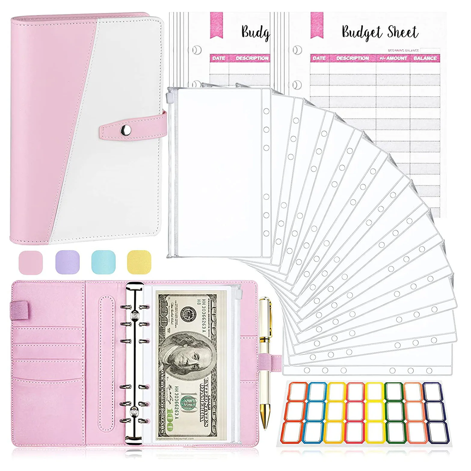 

A6 Budget Binder Cash Envelopes for Money 26Pcs Saving Organizer with Zipper Pockets Budget Sheets and Self-adhesive Labels