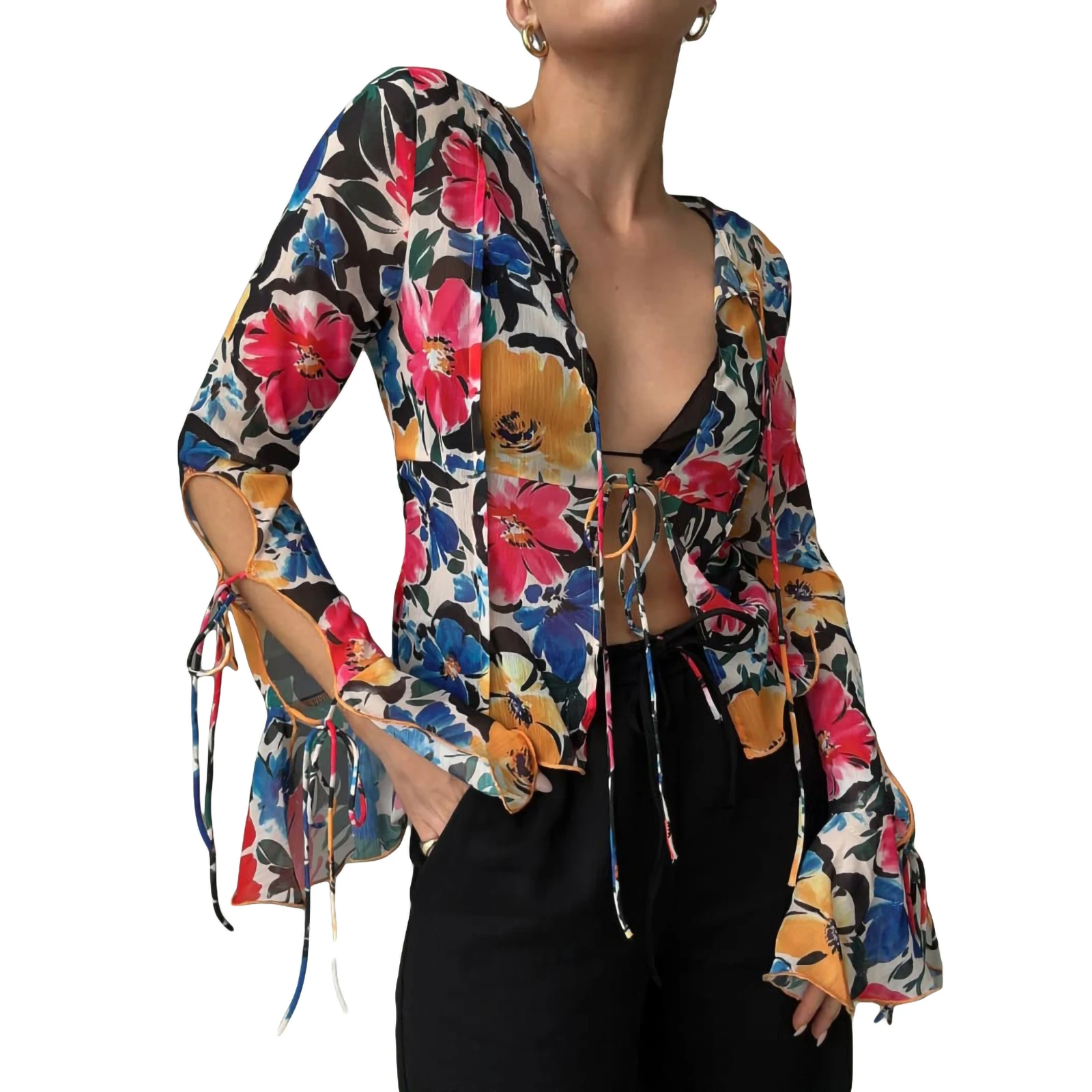 

Women Vintage Flare Long Sleeve Shirts Flower Print Tie-Up Slim Fit Blouses Spring Summer Casual Elegant Sunscreen Tops