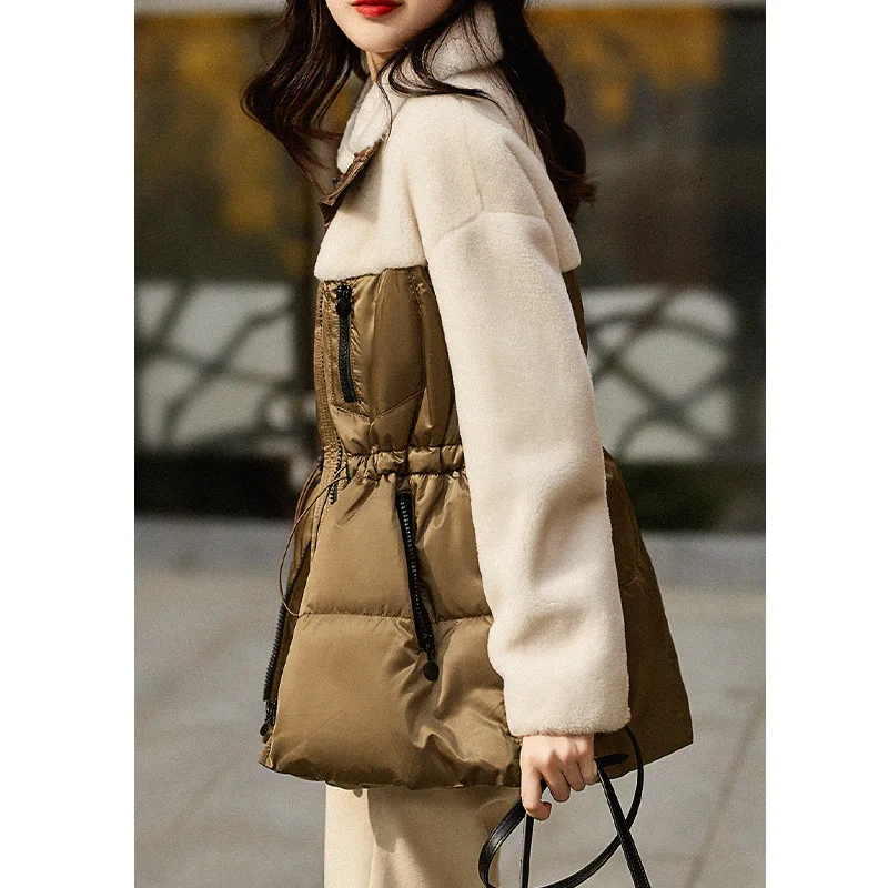 Down Jacket Women 2022 Winter 90% White Duck Coat Short Fur Splicing One Piece Korean Waistband Top Waist-cinching Cord Coats