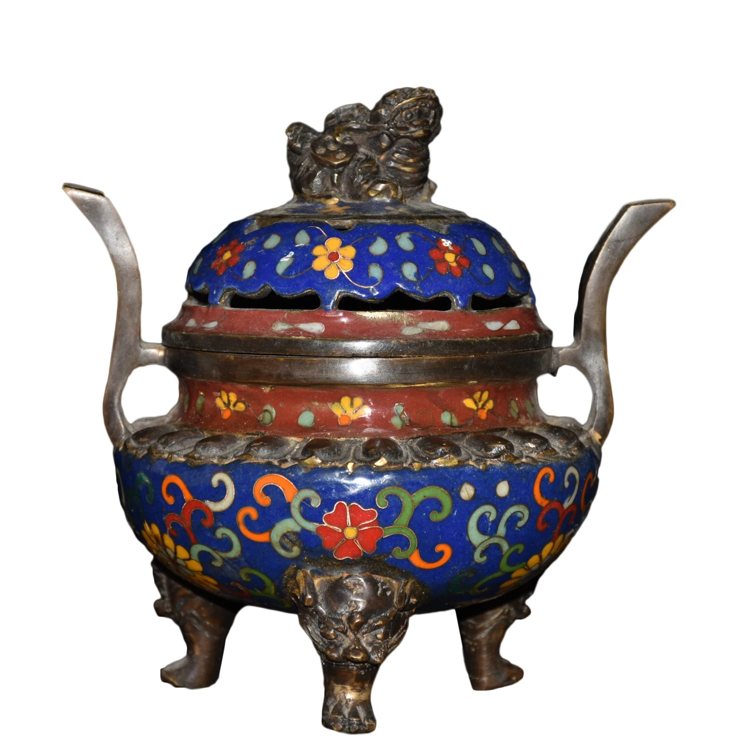 

LAOJUNLU A Pure Copper Cloisonné Filigree Double Ear And Three Legged Lotus Flower Incense Burner Chinese Traditional Style