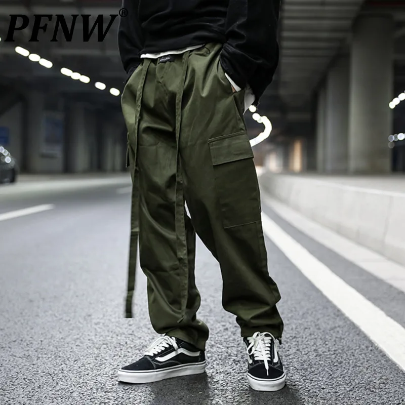 

PFNW Spring Autumn Men's Fashion Elastic Waist Overalls Adjustable Drawstring Streamer Niche Design Casual Cargo Pants 12A7526