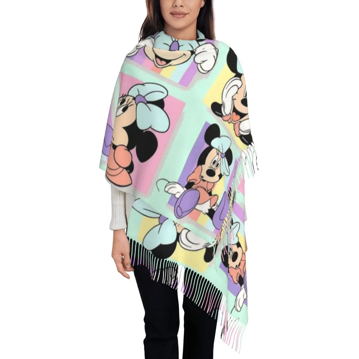 Custom Cute Minnie Mouse Anime Scarf Wrap for Women Long Winter Warm Tassel Shawl Unisex Scarves