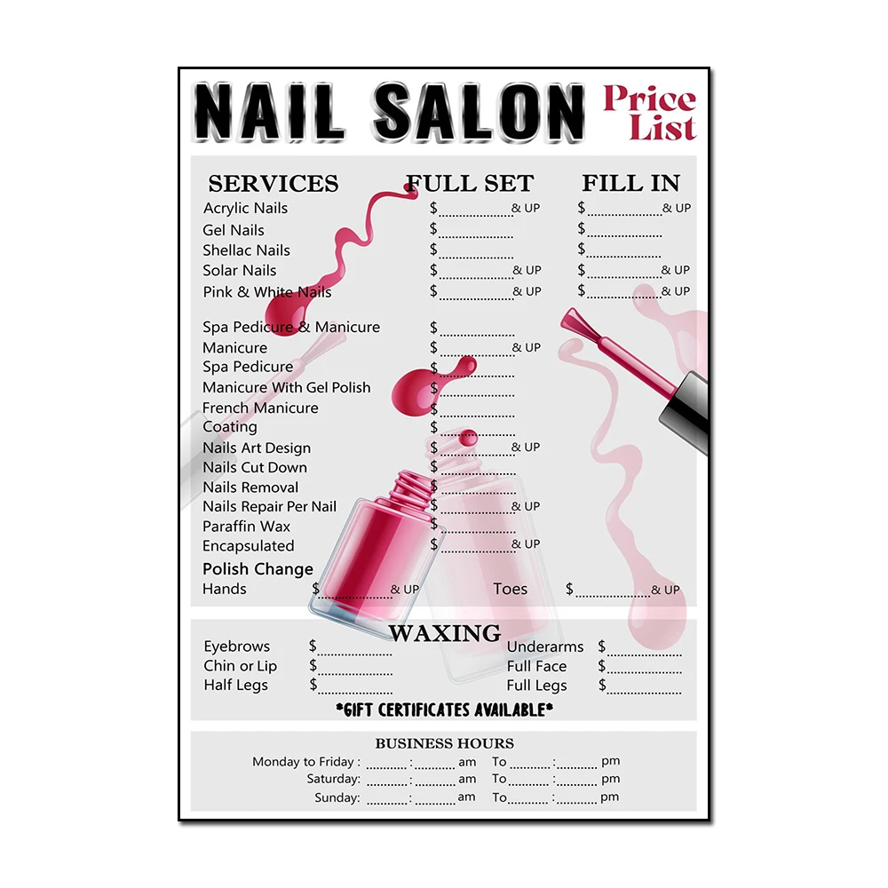 Модный дизайн для маникюрного салона прайс-лист на стену искусство печать