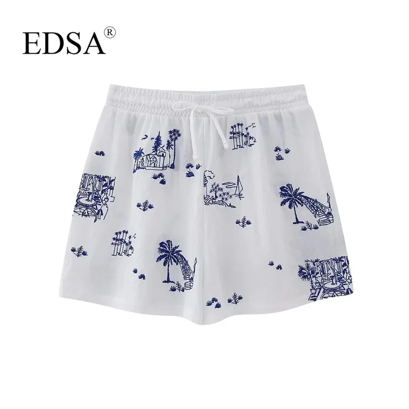 

EDSA Women Fashion Embroidered Mid-rise Shorts Adjustable Elasticated Waistband with Drawstrings Summer Shorts Streetwear