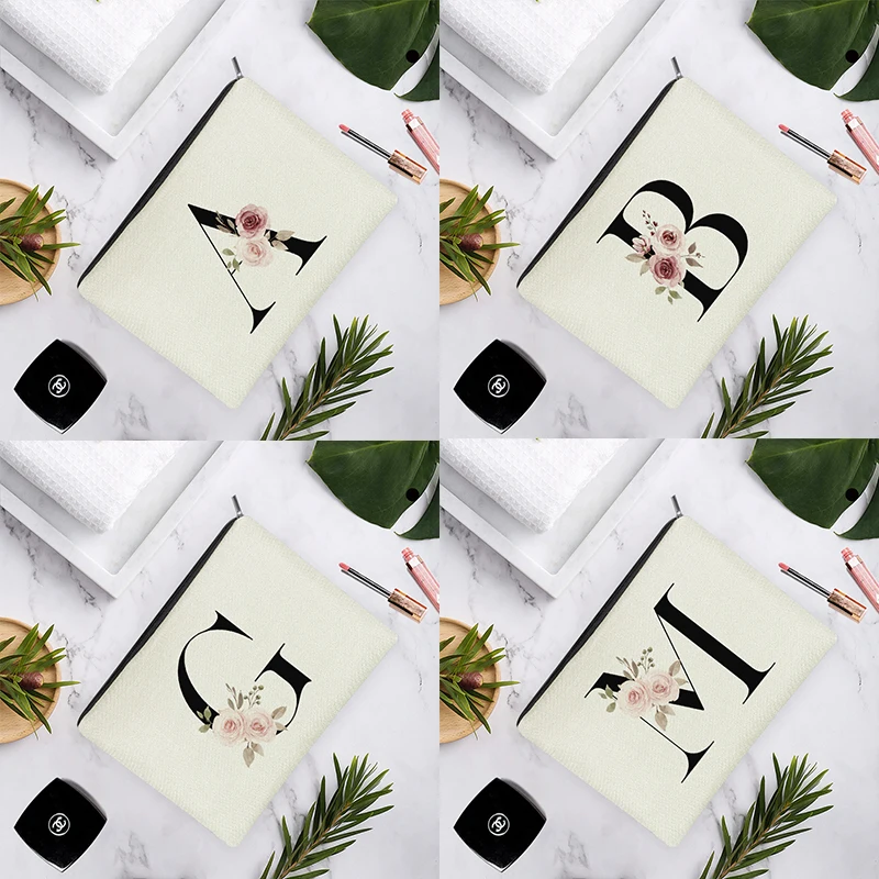 

Pink Rose Bouquet Black English Alphabets White Linen Cosmetic Bag For Women Makeup Wedding Pencil Organizer 15x22cm/18x25cm