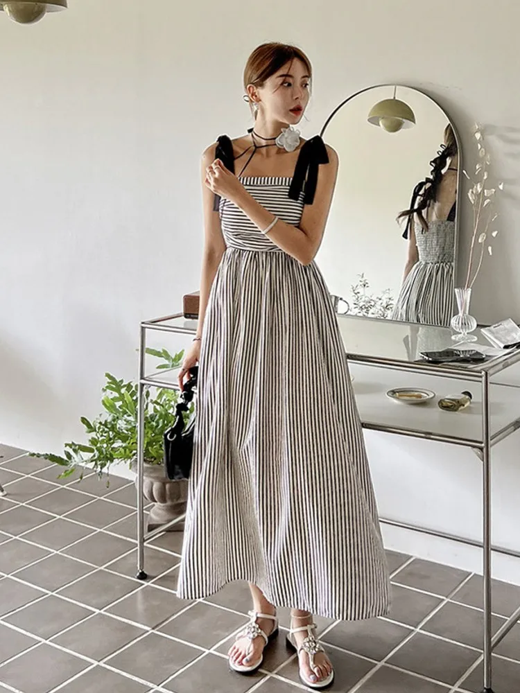 

Элегантное повседневное длинное платье, летние темпераментные пляжные платья в полоску на бретельках, женские платья в стиле Харадзюку