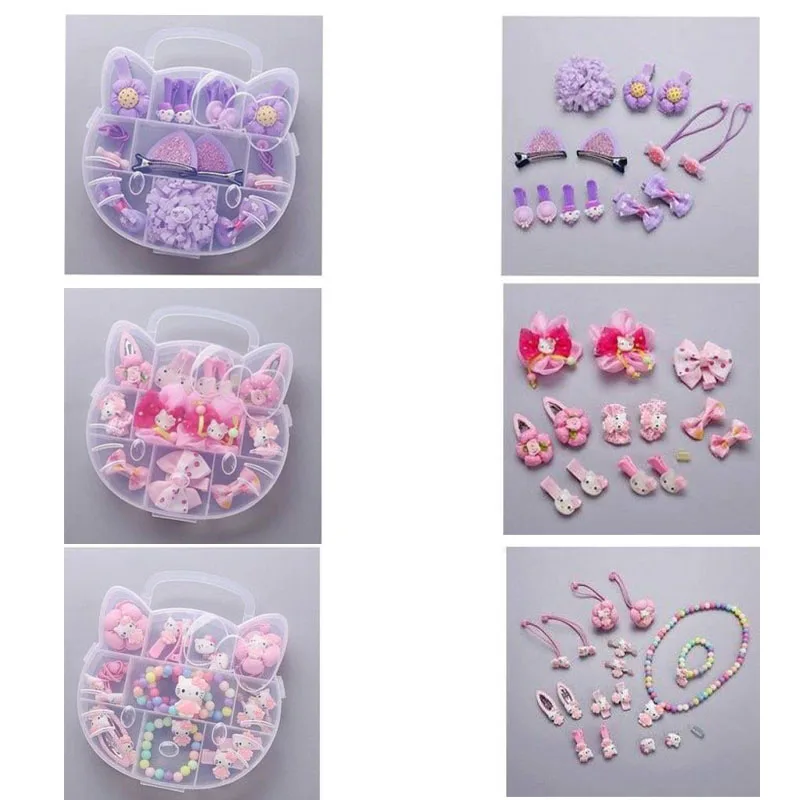 

Sanrios Hellokittys Anime Cute Cartoon Girl Heart Pink Children's Lace Hair Accessories Set Rubber Band Hair Ring Hair Clip