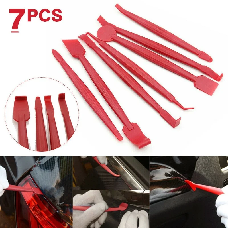 

7pc/set Car Wrap Vinyl Foil Scratch Tool 3D Carbon Fiber Decal Film Squeegee Felt Kit Red Scraper Tool Universal Car Accessories