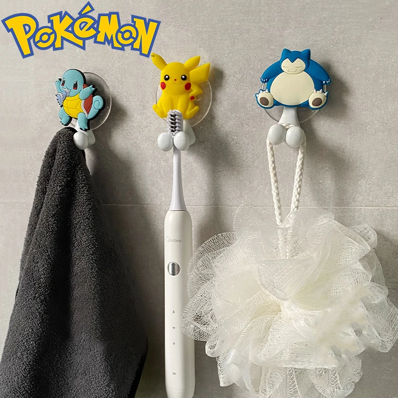 Pokemon Toothbrush Holder Pikachu Anime Figure Wall Mounted Storage Rack Hanger Strong Shelf Suction Cup Punch-free for Bathroom