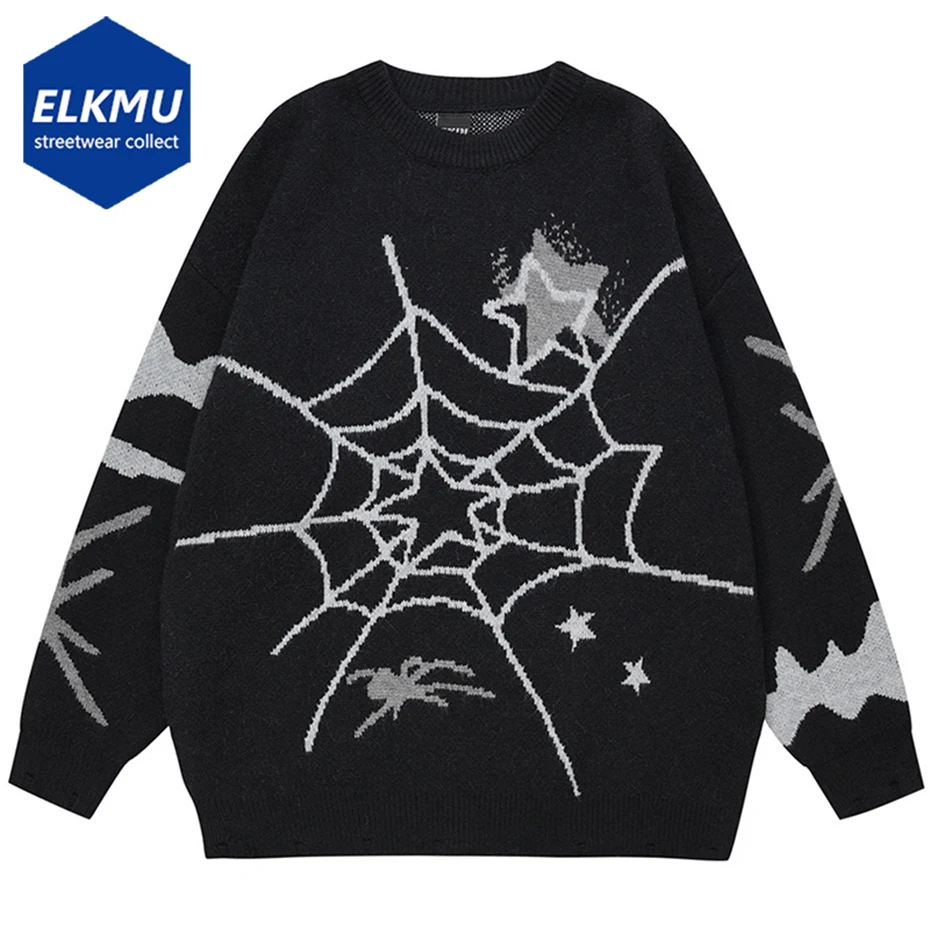 

Мужской винтажный свитер в уличном стиле, черный Свободный пуловер оверсайз с графическим рисунком и пауком, вязаный джемпер на осень и зиму