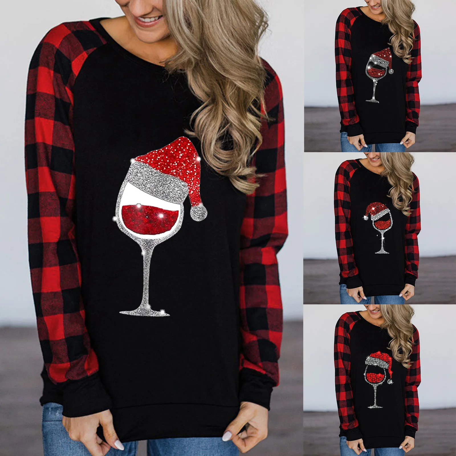 

Womens Fashion Christmas Print Long Sleeved Raglan Sleeve Plaid Raglan Tee Shirt Womens Hiking Shirts Top Striped Womens Shirt