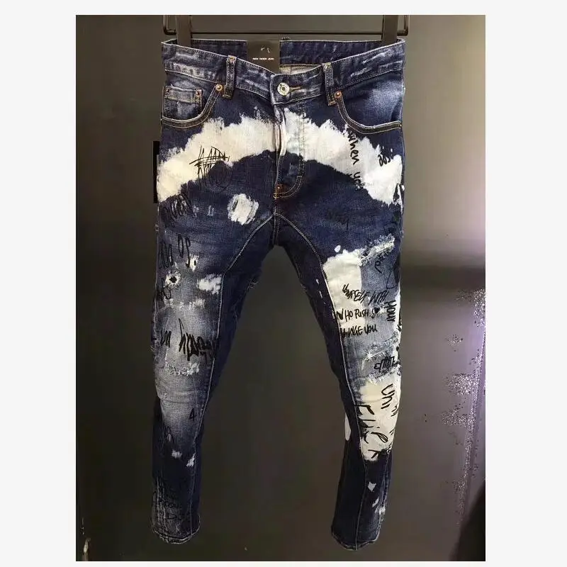 

Men's Letter Printing Fashion Casual Hole Spray Painted Jeans Trendy High Street Denim Fabric Pants A136