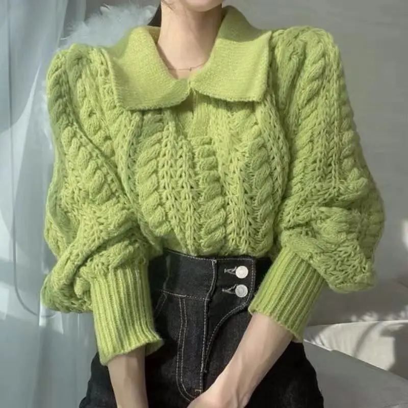 

Korean Style Chic Hollow All-Match Autumn Women'S Polo Collar Loose Pullover Solid Color Fashion Long-Sleeved Knitted Sweater