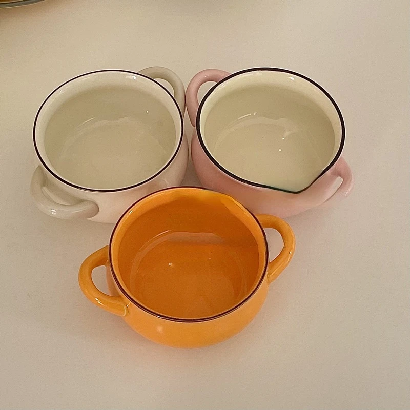 LadyCC Lovely Round Ceramic Bowl Double Ear Small Dessert Soup Cup Household Baking |