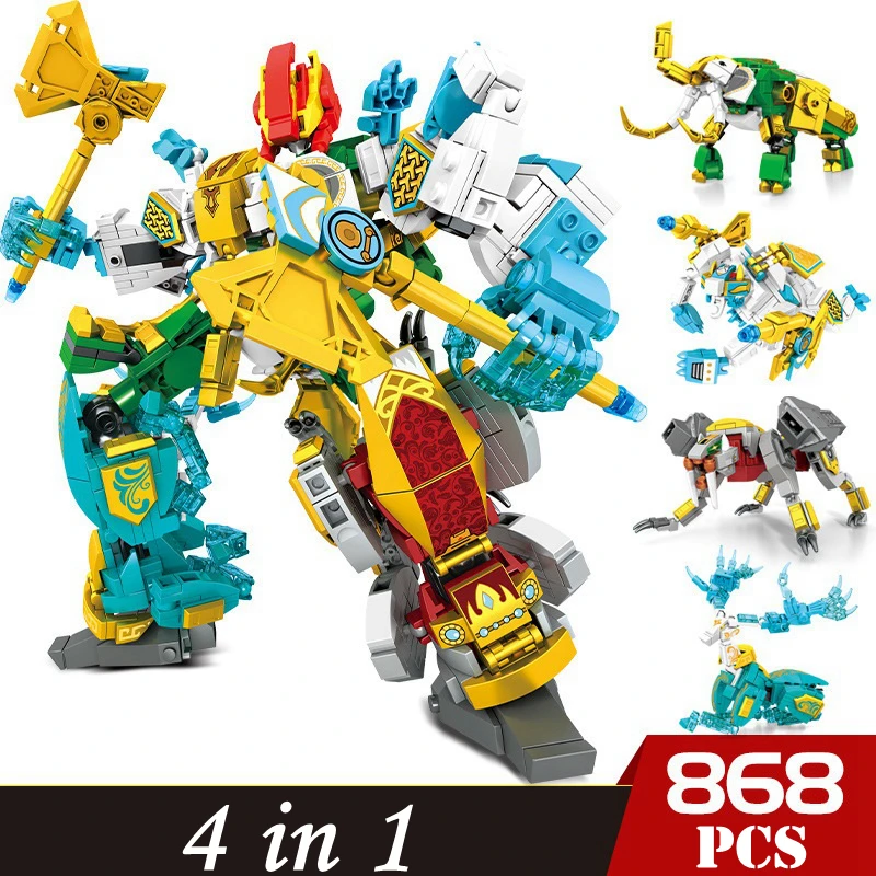 

4 in1 Building Block Classic Transformation Robot Deformation Animal Model Saber Toothed Tiger Mammoth Elk Children's Gift Toy