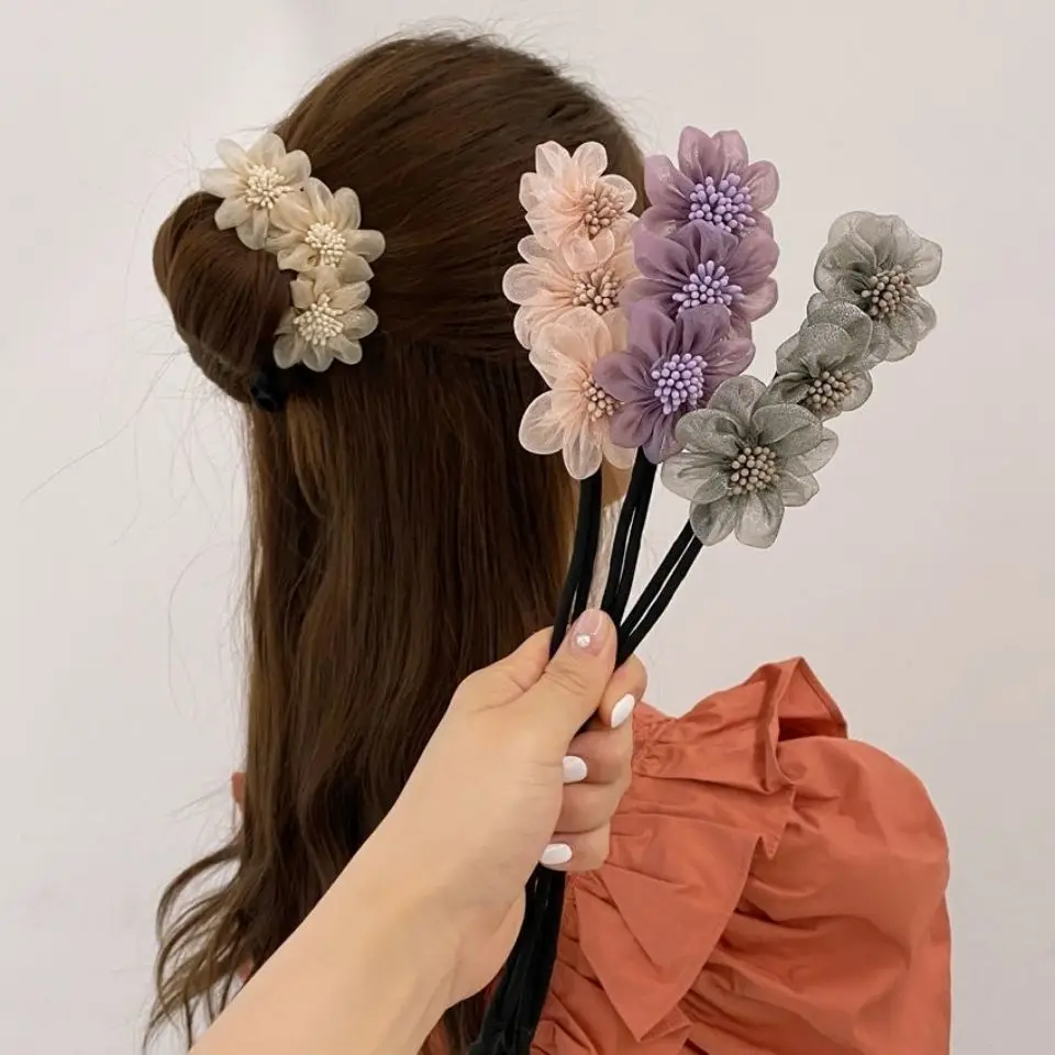 

Women Elegant Bud Chiffon Flowers Bun Maker Maruko Hairstyles Making Long Tools Sweet Headband Hairbands Korean Hair Accessories
